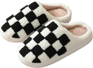 Checkered Fuzzy Memory Foam Men's House Slippers - Trendy Checkerboard Fluffy Preppy Bedroom Closed Toe Sandals