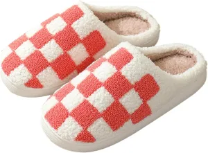 Checkered Fuzzy Memory Foam Men's House Slippers - Trendy Checkerboard Fluffy Preppy Bedroom Closed Toe Sandals