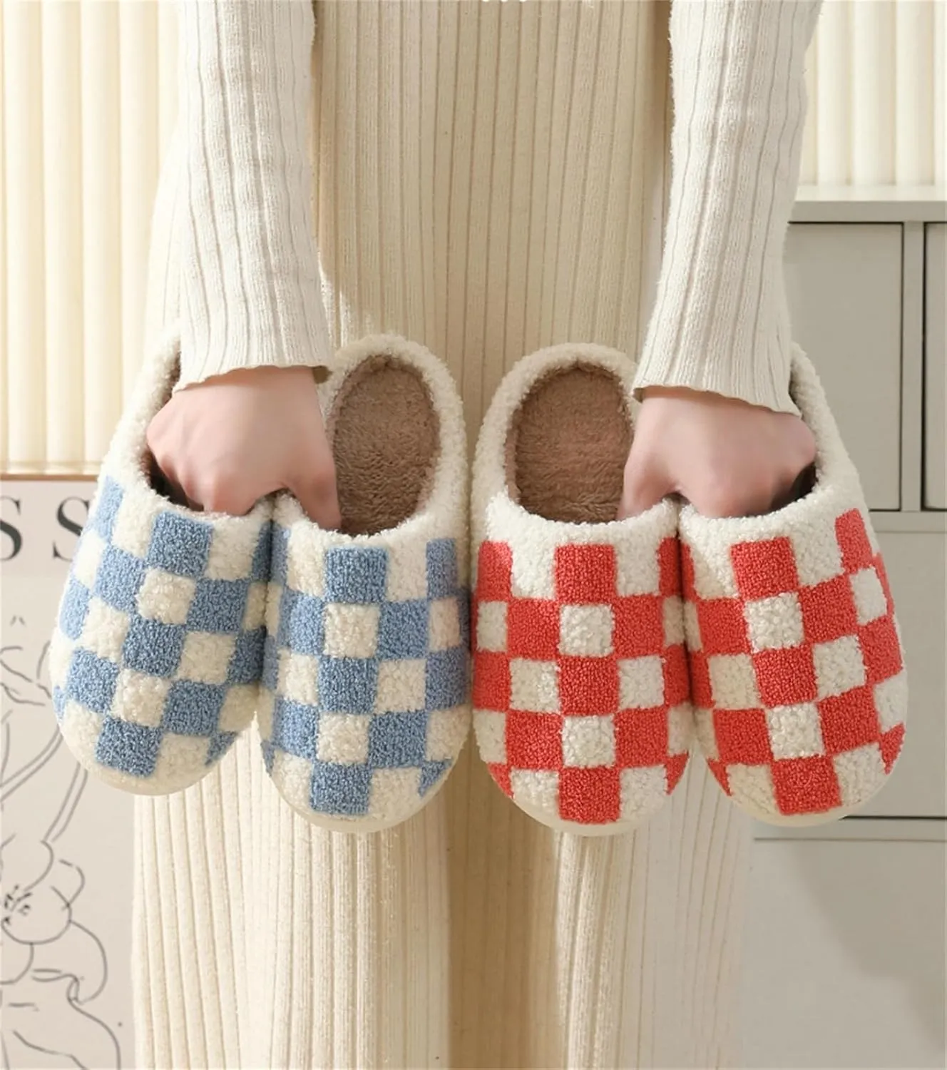 Checkered Fuzzy Memory Foam Men's House Slippers - Trendy Checkerboard Fluffy Preppy Bedroom Closed Toe Sandals