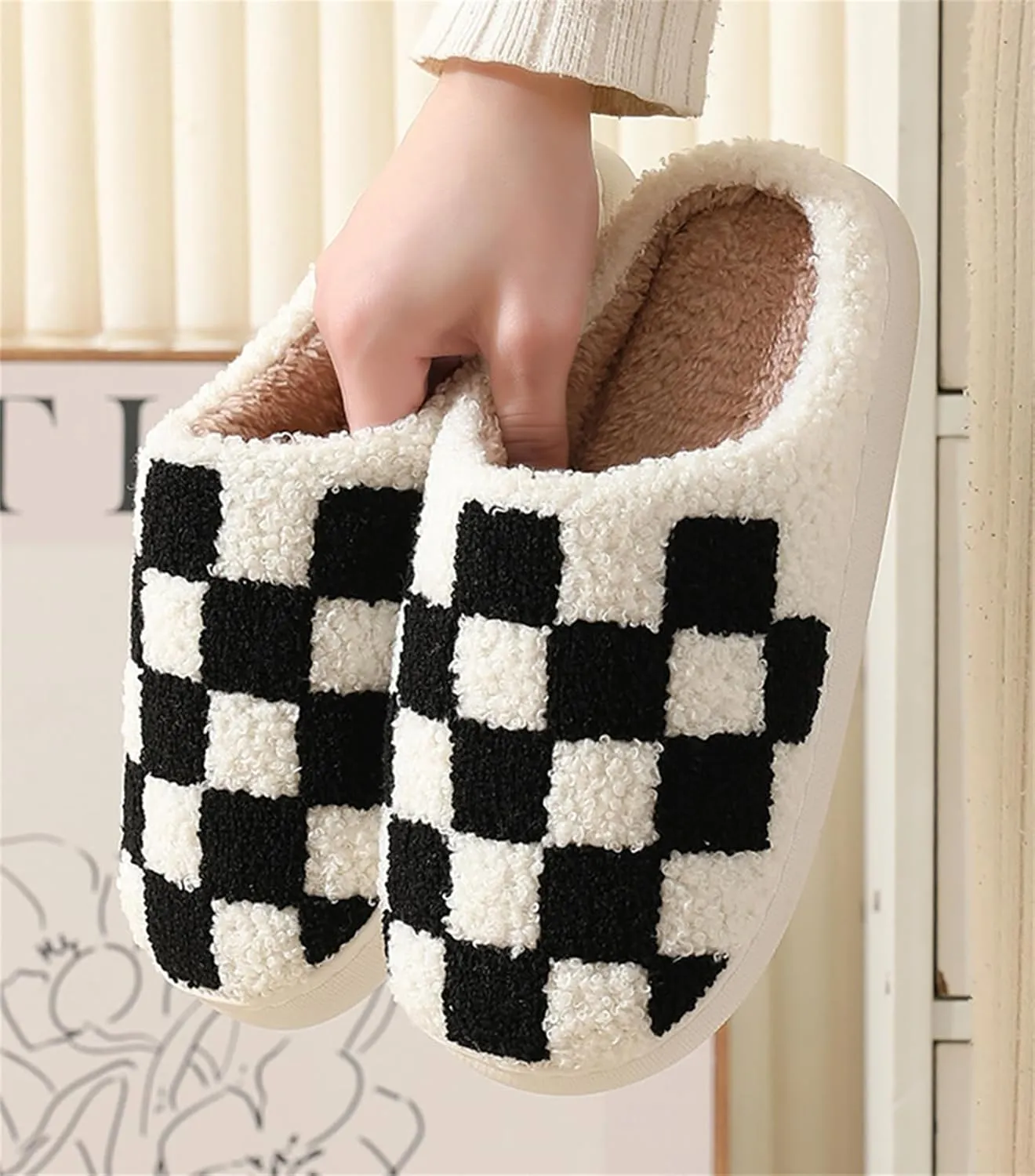 Checkered Fuzzy Memory Foam Men's House Slippers - Trendy Checkerboard Fluffy Preppy Bedroom Closed Toe Sandals