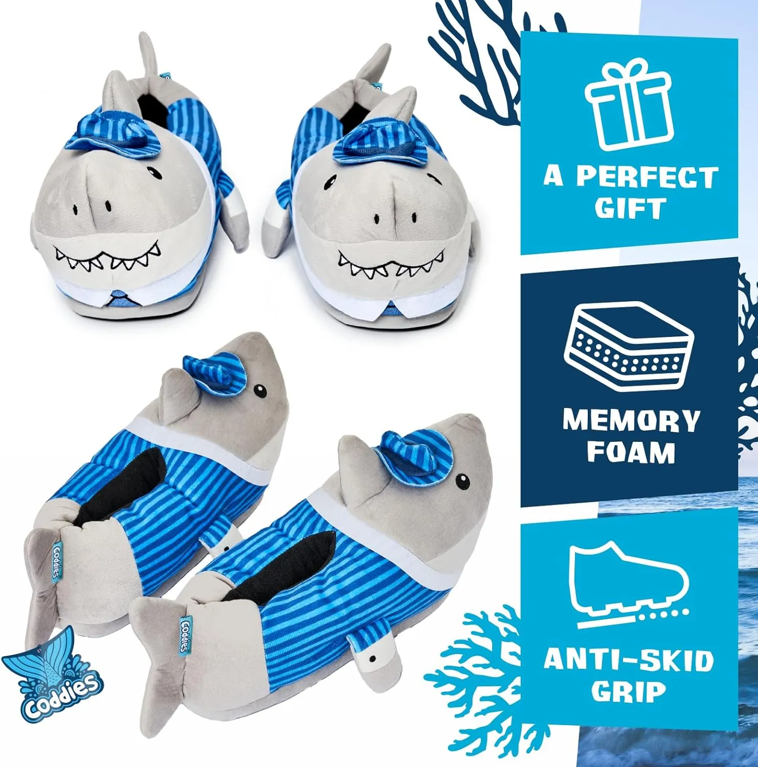 Coddies Business Shark Slippers - Funny Slippers - Plush Fish Sandals - Cloud Shark Slides for Women, Men & Kids