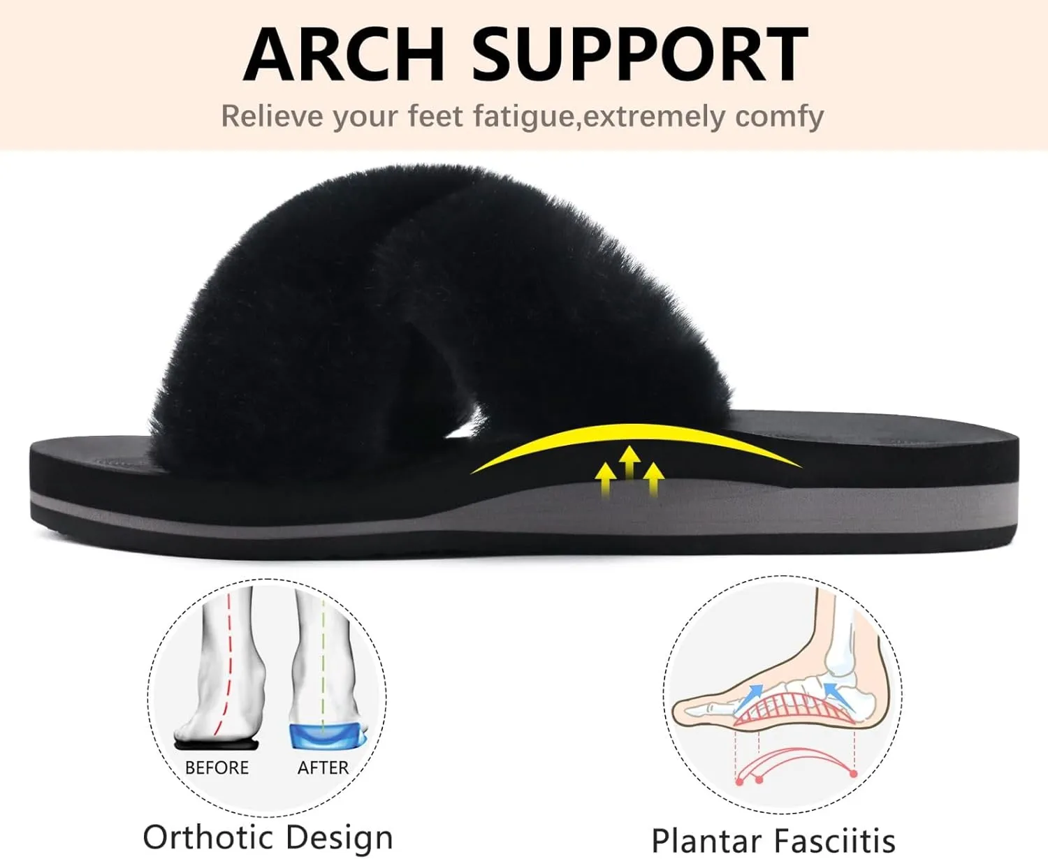 COFACE Womens Fuzzy Slides Fluff Faux Fur Cross Slippers Open Toe Yoga Mat House Slippers Sandals With Arch Support For Indoor/Outdoor