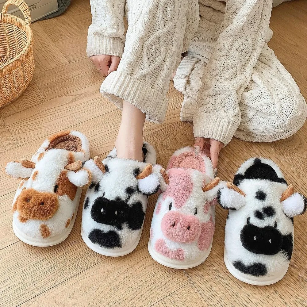 Cozy Cow Slippers for Women Men Indoor Outdoor Slippers Soft Winter Fuzzy House Slides Cute Animal Shoes Plush Sandals 2024