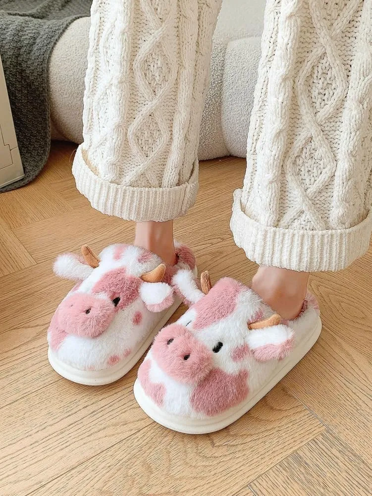 Cozy Cow Slippers for Women Men Indoor Outdoor Slippers Soft Winter Fuzzy House Slides Cute Animal Shoes Plush Sandals 2024