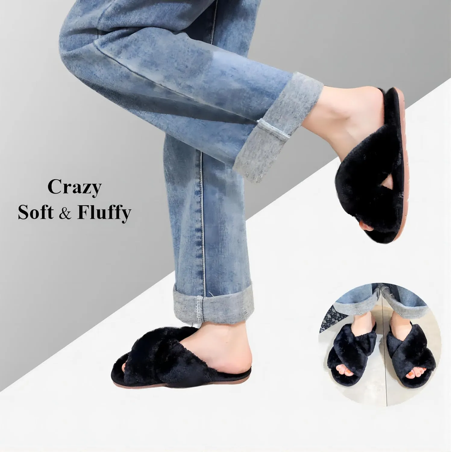 Crazy Lady Women's Fuzzy Fluffy House Slippers Cute Plush Memory Foam Shoes Cross Band Indoor Outdoor Open Toe Sandals