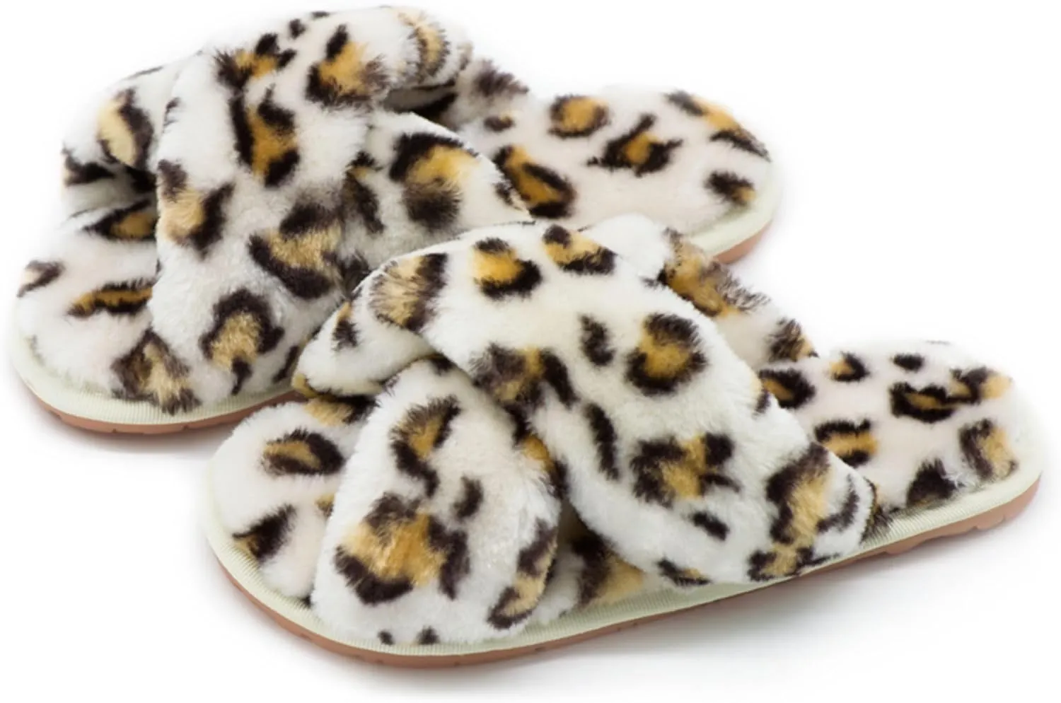 Crazy Lady Women's Fuzzy Fluffy House Slippers Cute Plush Memory Foam Shoes Cross Band Indoor Outdoor Open Toe Sandals