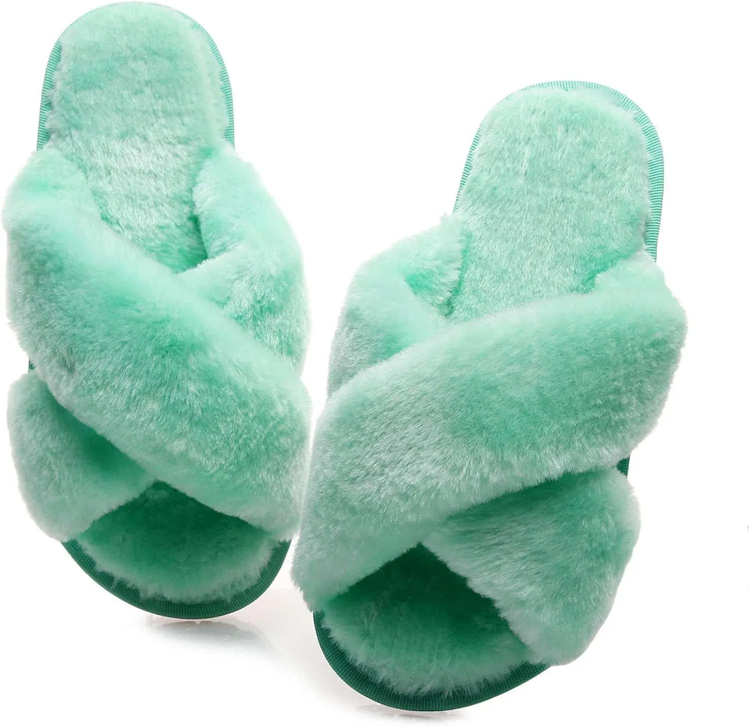 Crazy Lady Women's Fuzzy Fluffy House Slippers Cute Plush Memory Foam Shoes Cross Band Indoor Outdoor Open Toe Sandals