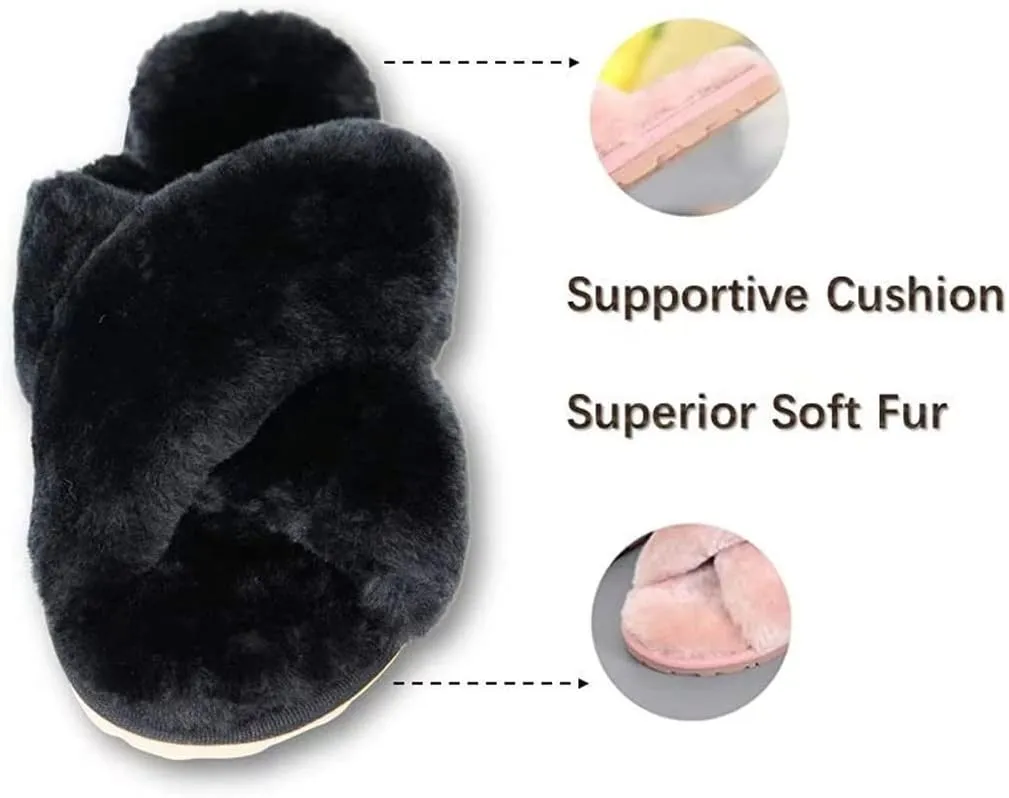 Crazy Lady Women's Fuzzy Fluffy House Slippers Cute Plush Memory Foam Shoes Cross Band Indoor Outdoor Open Toe Sandals