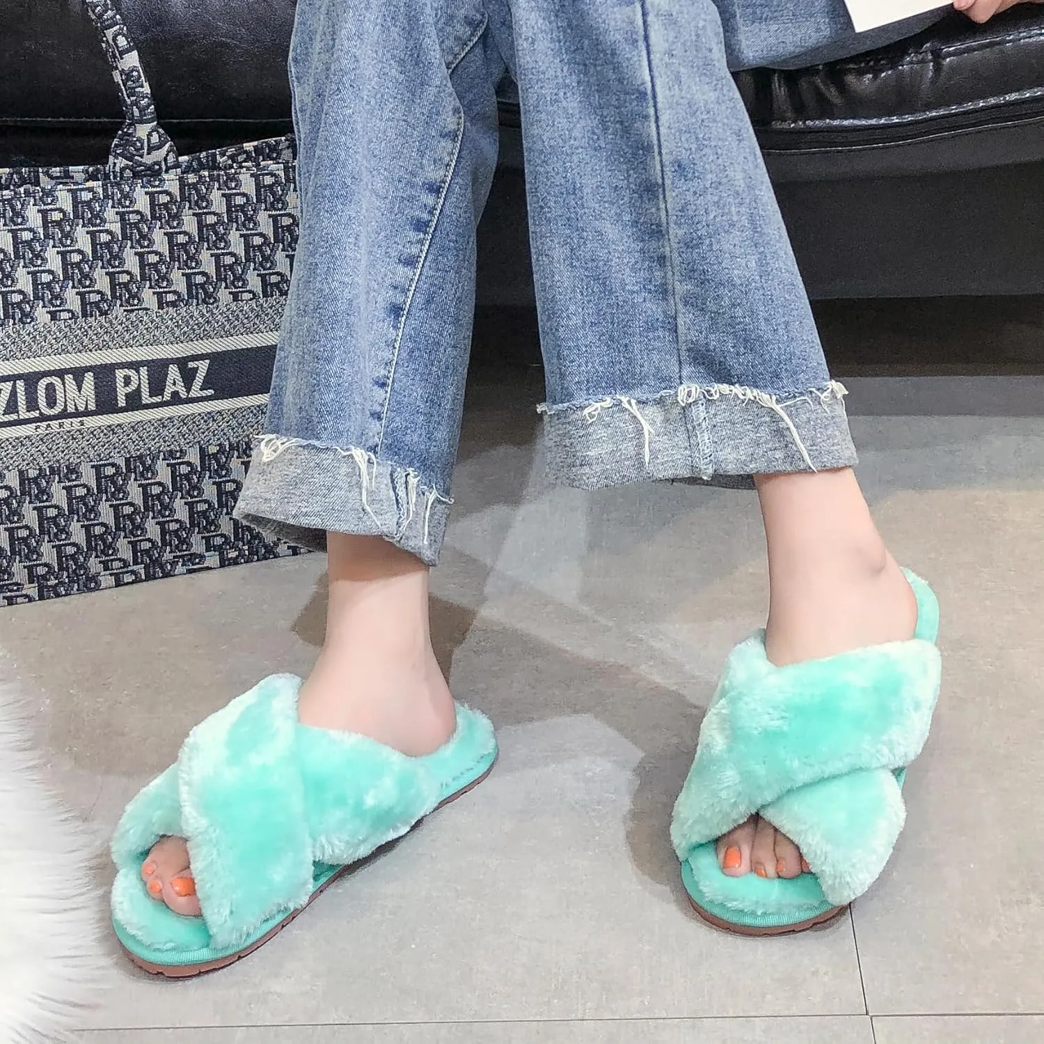 Crazy Lady Women's Fuzzy Fluffy House Slippers Cute Plush Memory Foam Shoes Cross Band Indoor Outdoor Open Toe Sandals