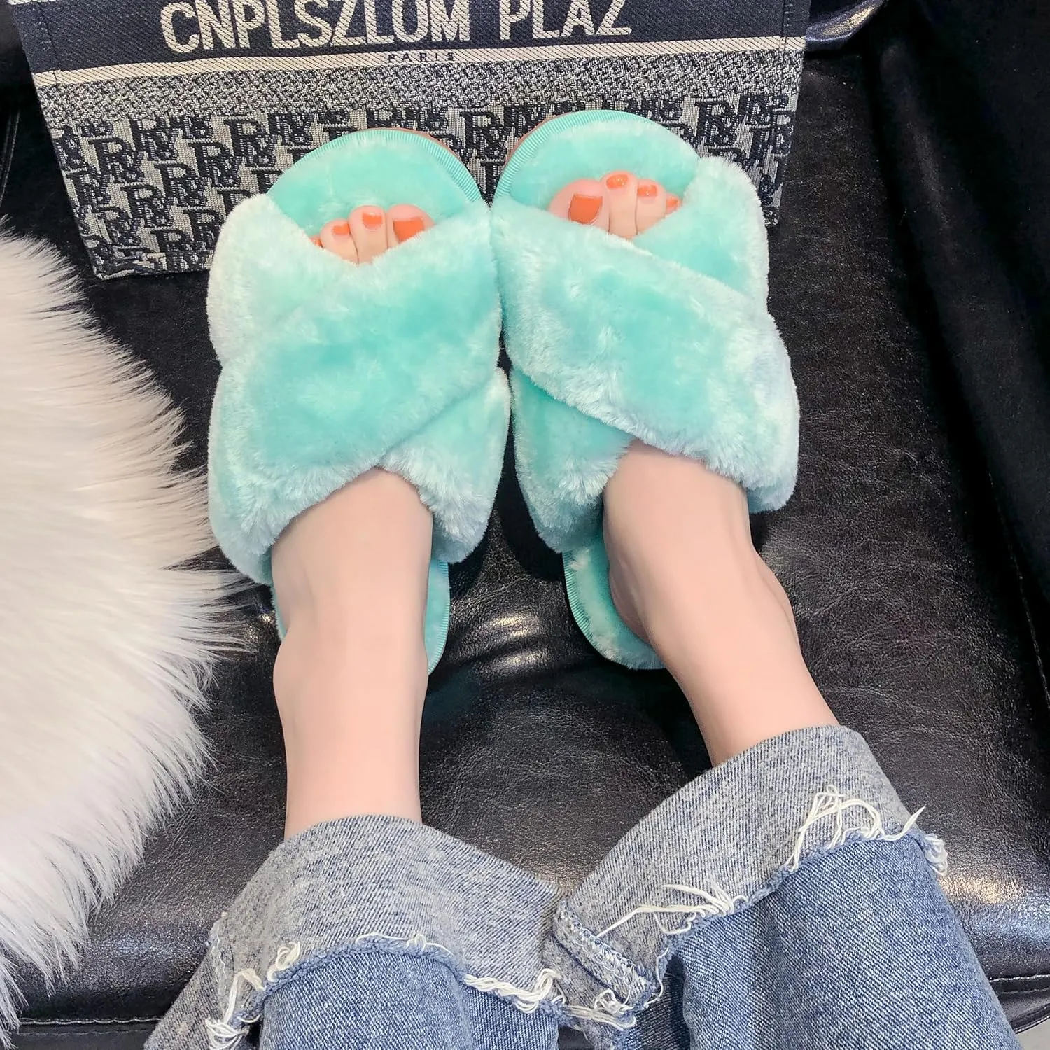Crazy Lady Women's Fuzzy Fluffy House Slippers Cute Plush Memory Foam Shoes Cross Band Indoor Outdoor Open Toe Sandals