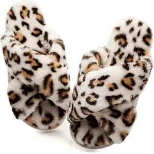 Crazy Lady Women's Fuzzy Fluffy House Slippers Cute Plush Memory Foam Shoes Cross Band Indoor Outdoor Open Toe Sandals