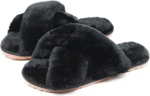 Crazy Lady Women's Fuzzy Fluffy House Slippers Cute Plush Memory Foam Shoes Cross Band Indoor Outdoor Open Toe Sandals