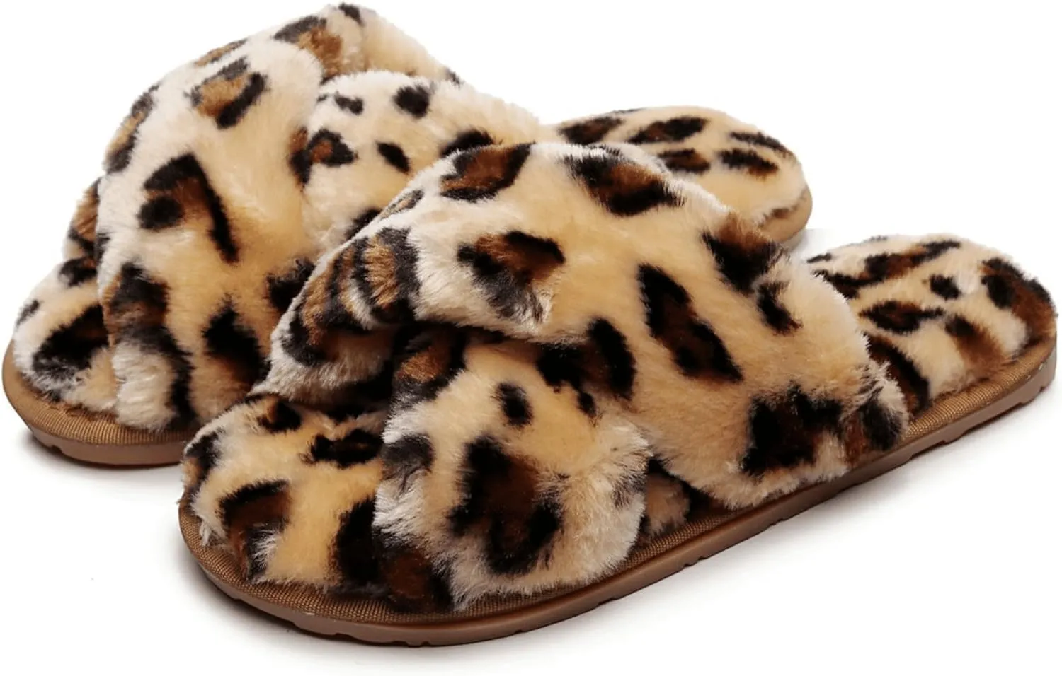 Crazy Lady Women's Fuzzy Fluffy House Slippers Cute Plush Memory Foam Shoes Cross Band Indoor Outdoor Open Toe Sandals