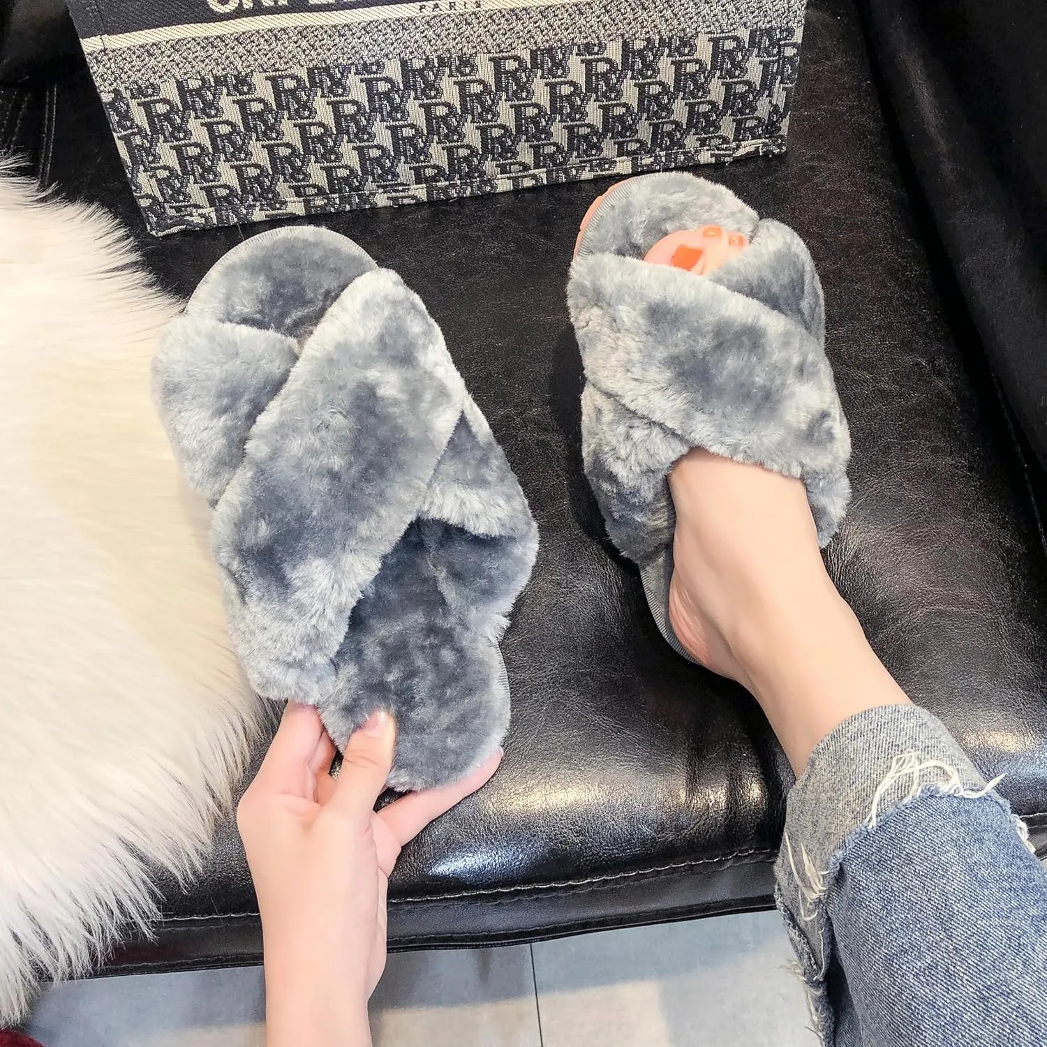 Crazy Lady Women's Fuzzy Fluffy House Slippers Cute Plush Memory Foam Shoes Cross Band Indoor Outdoor Open Toe Sandals