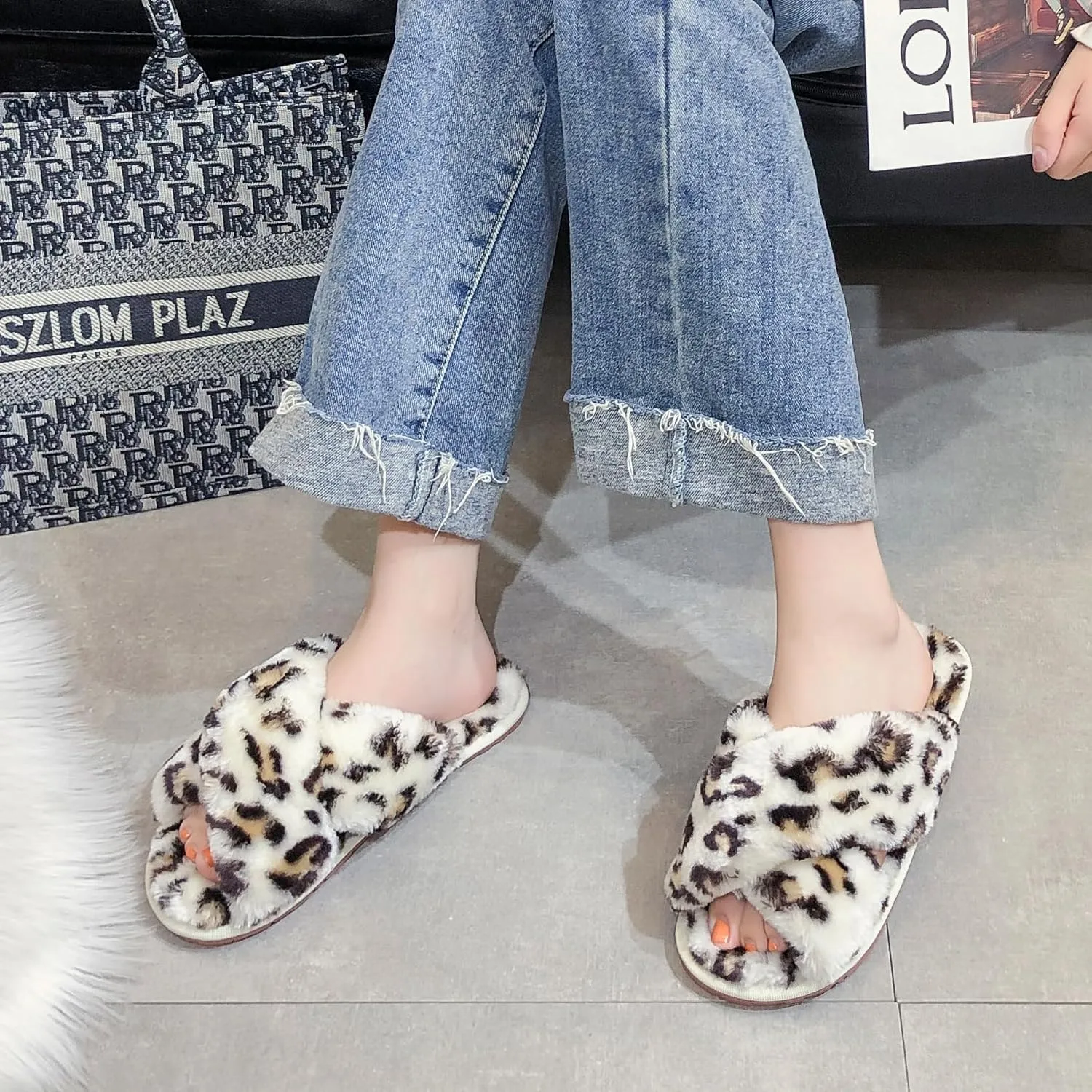 Crazy Lady Women's Fuzzy Fluffy House Slippers Cute Plush Memory Foam Shoes Cross Band Indoor Outdoor Open Toe Sandals