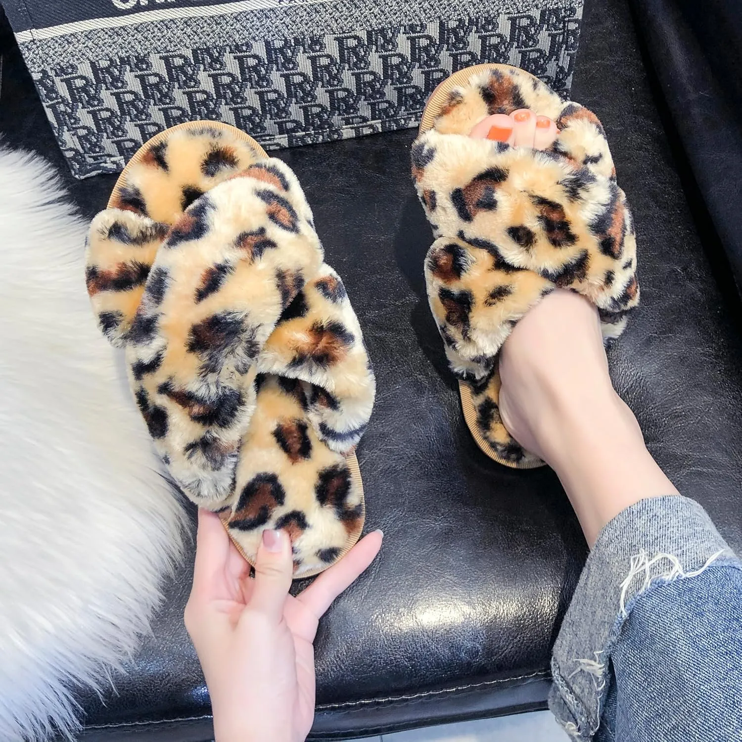 Crazy Lady Women's Fuzzy Fluffy House Slippers Cute Plush Memory Foam Shoes Cross Band Indoor Outdoor Open Toe Sandals