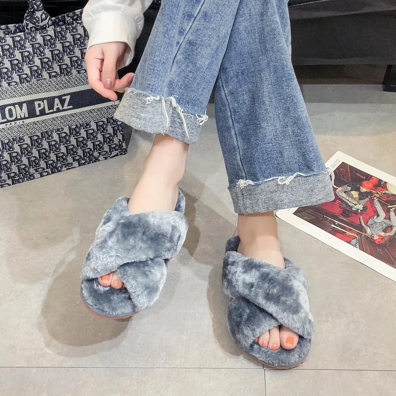 Crazy Lady Women's Fuzzy Fluffy House Slippers Cute Plush Memory Foam Shoes Cross Band Indoor Outdoor Open Toe Sandals
