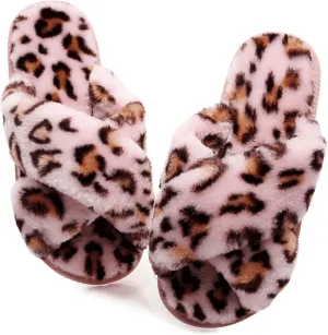 Crazy Lady Women's Fuzzy Fluffy House Slippers Cute Plush Memory Foam Shoes Cross Band Indoor Outdoor Open Toe Sandals