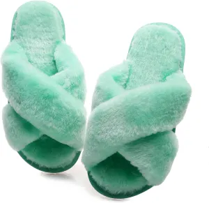 Crazy Lady Women's Fuzzy Fluffy House Slippers Cute Plush Memory Foam Shoes Cross Band Indoor Outdoor Open Toe Sandals