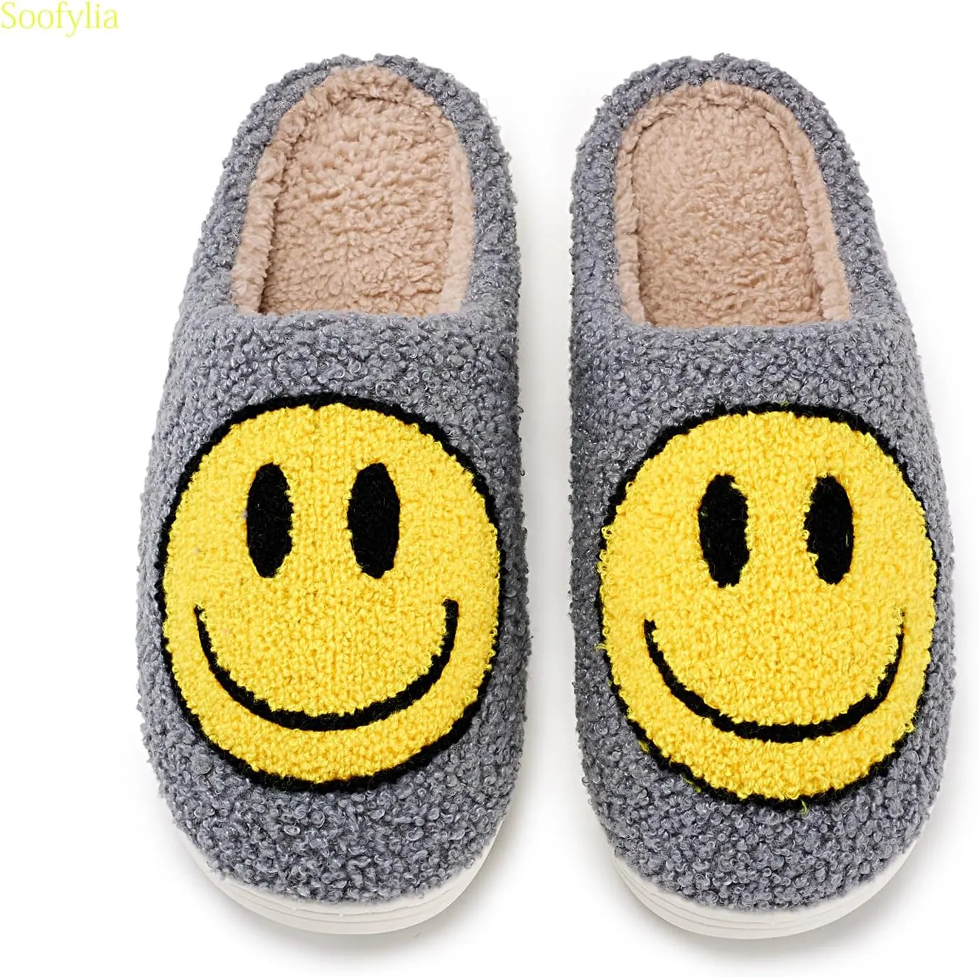 Cute Smile Face Slippers for Women and Men,Soft Plush Comfy Warm Couple Slip-On House Happy Face Slippers For Winter Indoor Outdoor Smile Slippers Non-slip Fuzzy Flat Slides