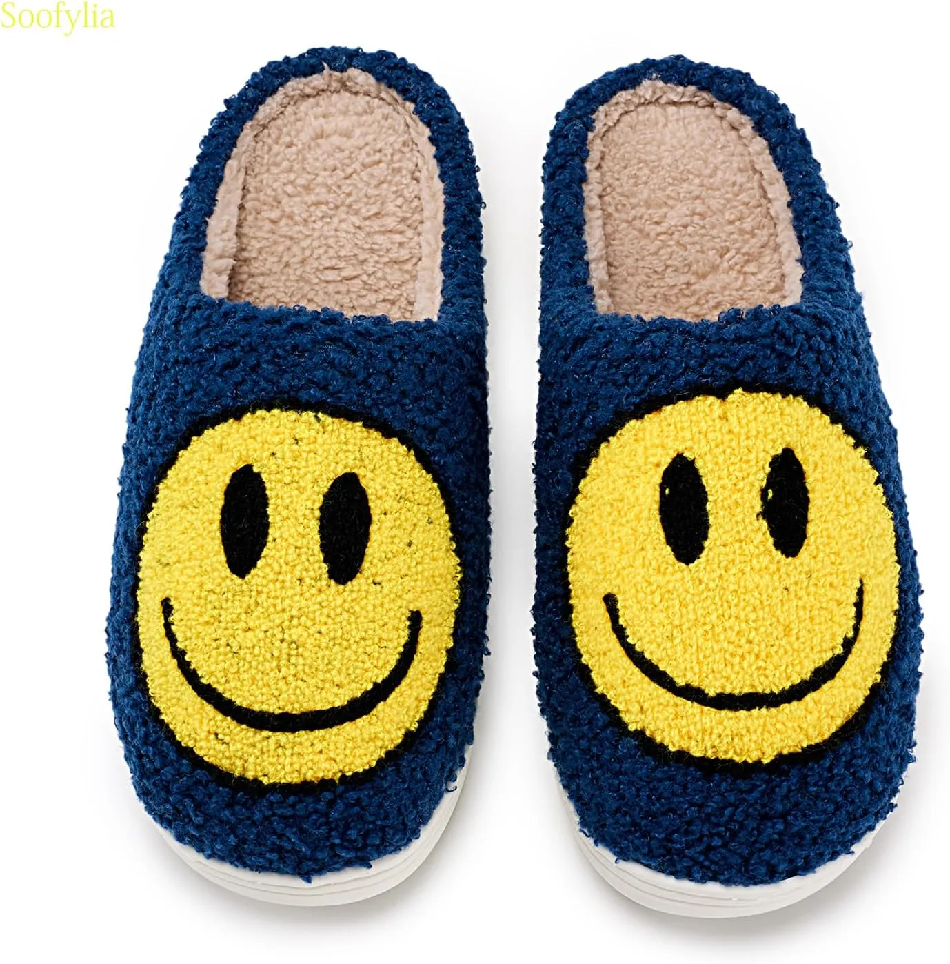 Cute Smile Face Slippers for Women and Men,Soft Plush Comfy Warm Couple Slip-On House Happy Face Slippers For Winter Indoor Outdoor Smile Slippers Non-slip Fuzzy Flat Slides