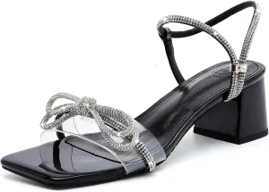 DADAWEN Women's Double Bowknots Crystal Sandals Clear Slingback Heels Square Toe Low Block Chunky Heels Sandals Wedding Party Dress Pumps Shoes