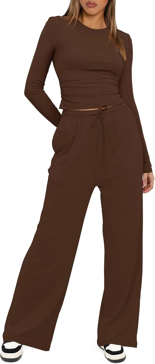 Darong Women's 2 Piece Sets Fall Outfits Long Sleeve Wide Leg Tracksuits Casual Lounge Set Matching Sets