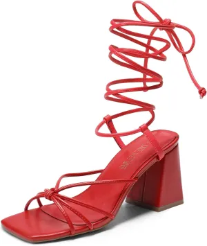 DREAM PAIRS Women's Lace Up Heels Strappy Block High Heel Square Open Toe Chunky Sandals for Party Travel Date