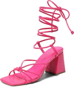 DREAM PAIRS Women's Lace Up Heels Strappy Block High Heel Square Open Toe Chunky Sandals for Party Travel Date