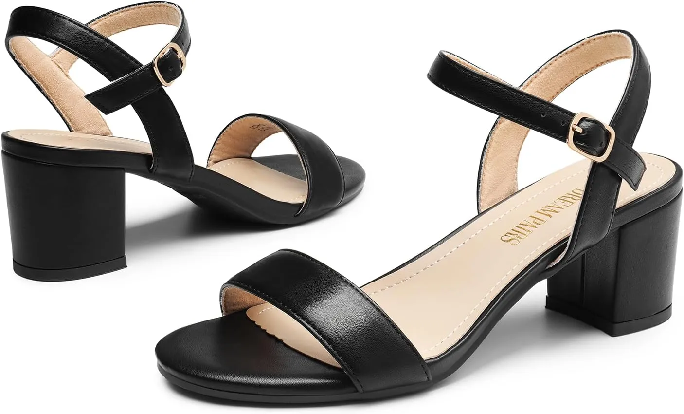 DREAM PAIRS Women's Low Heels Block Open Toe Ankle Strap Classic Short Chunky Sandals with Buckle for Daily Work Wedding Party