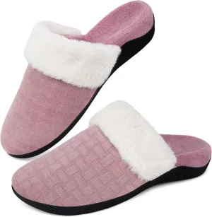 ERGOfoot Womens Orthopedic Fuzzy Slippers with Arch Support - Ideal for Plantar Fasciitis, Slip-On Bedroom House Shoes with Indoor/Outdoor Anti-Skid Rubber Sole