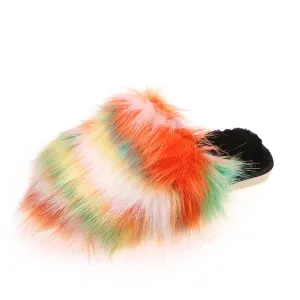 FE-02 Furry Faux Fur Slippers With Big Fluffy Vegan Fur And Rubber Sole For Women Closed-Toe Slides Outdoor Warm Footwear Women's Flat Shoes Colorful Rainbow Color Fuzzy Sandals (Custom Size, Orange)