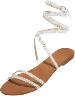 Flat Sandals for Women Rhinestone Ankle Strap Gladiator Sandal Dressy Open Toe Slingback Casual Summer Non Slip Roman Flats