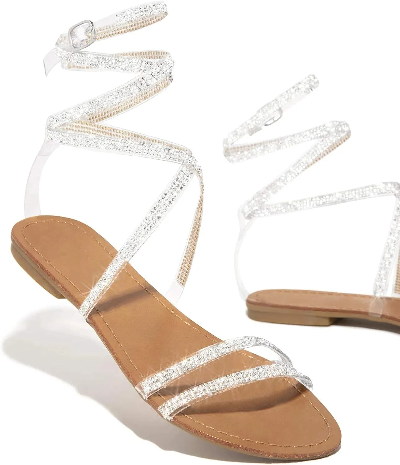 Flat Sandals for Women Rhinestone Ankle Strap Gladiator Sandal Dressy Open Toe Slingback Casual Summer Non Slip Roman Flats