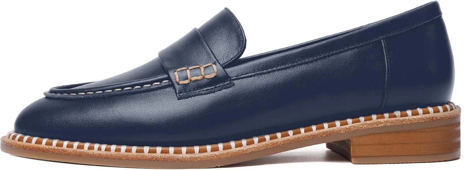 FOGEENA Womens Penny Matte Leather Casual Slip On Round Toe Work Chunky Low Heel Loafers Dress Shoes 1 Inch