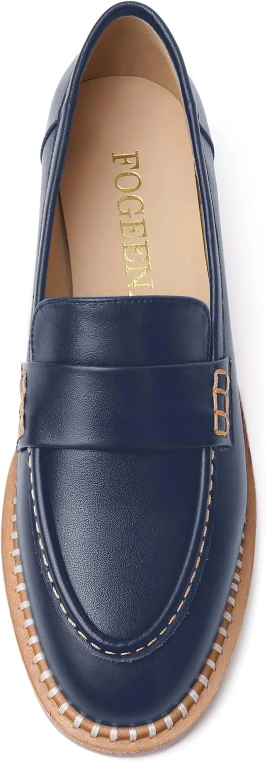FOGEENA Womens Penny Matte Leather Casual Slip On Round Toe Work Chunky Low Heel Loafers Dress Shoes 1 Inch