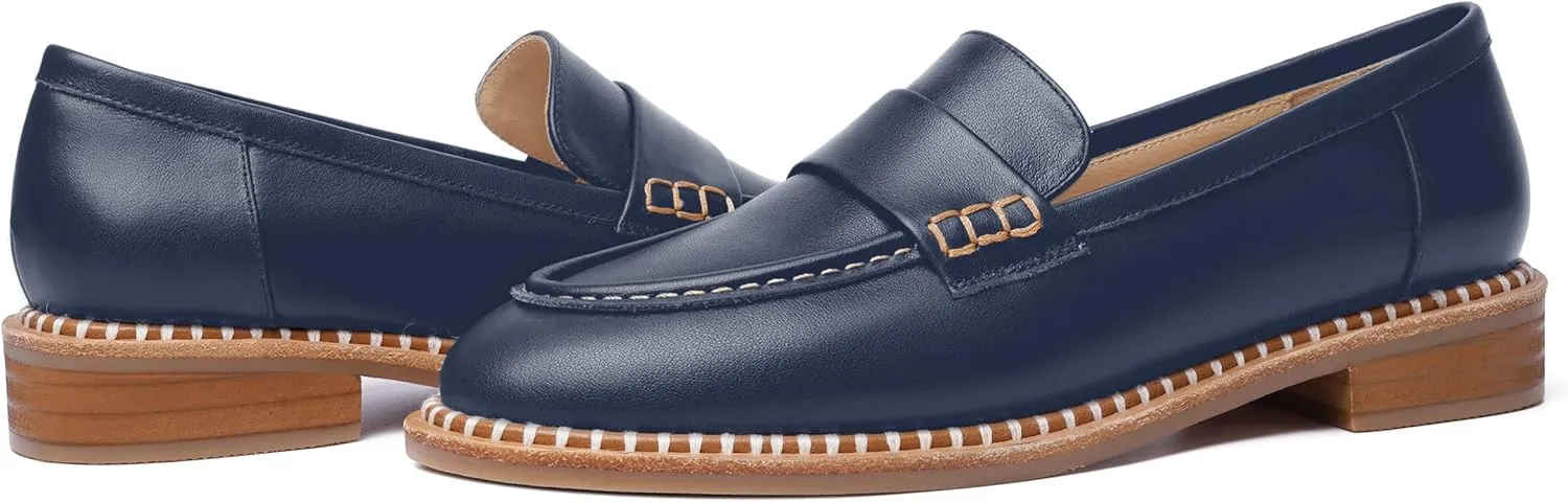 FOGEENA Womens Penny Matte Leather Casual Slip On Round Toe Work Chunky Low Heel Loafers Dress Shoes 1 Inch