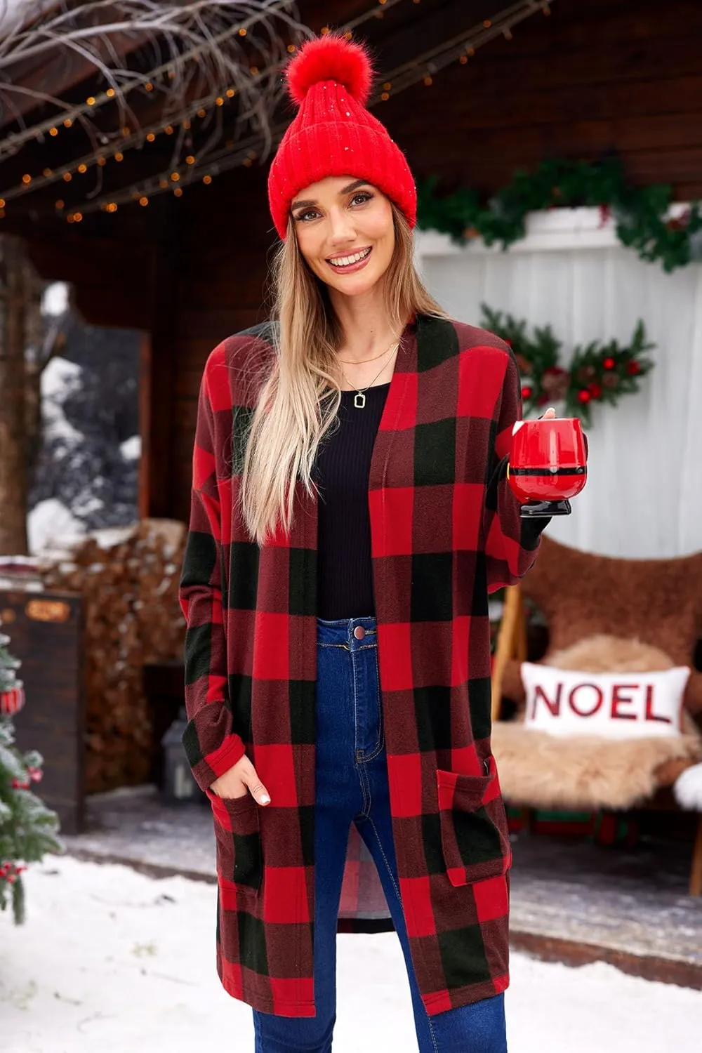 For G and PL Women's Christmas Red Buffalo Plaid Open Front Sweater Cardigan with Pockets