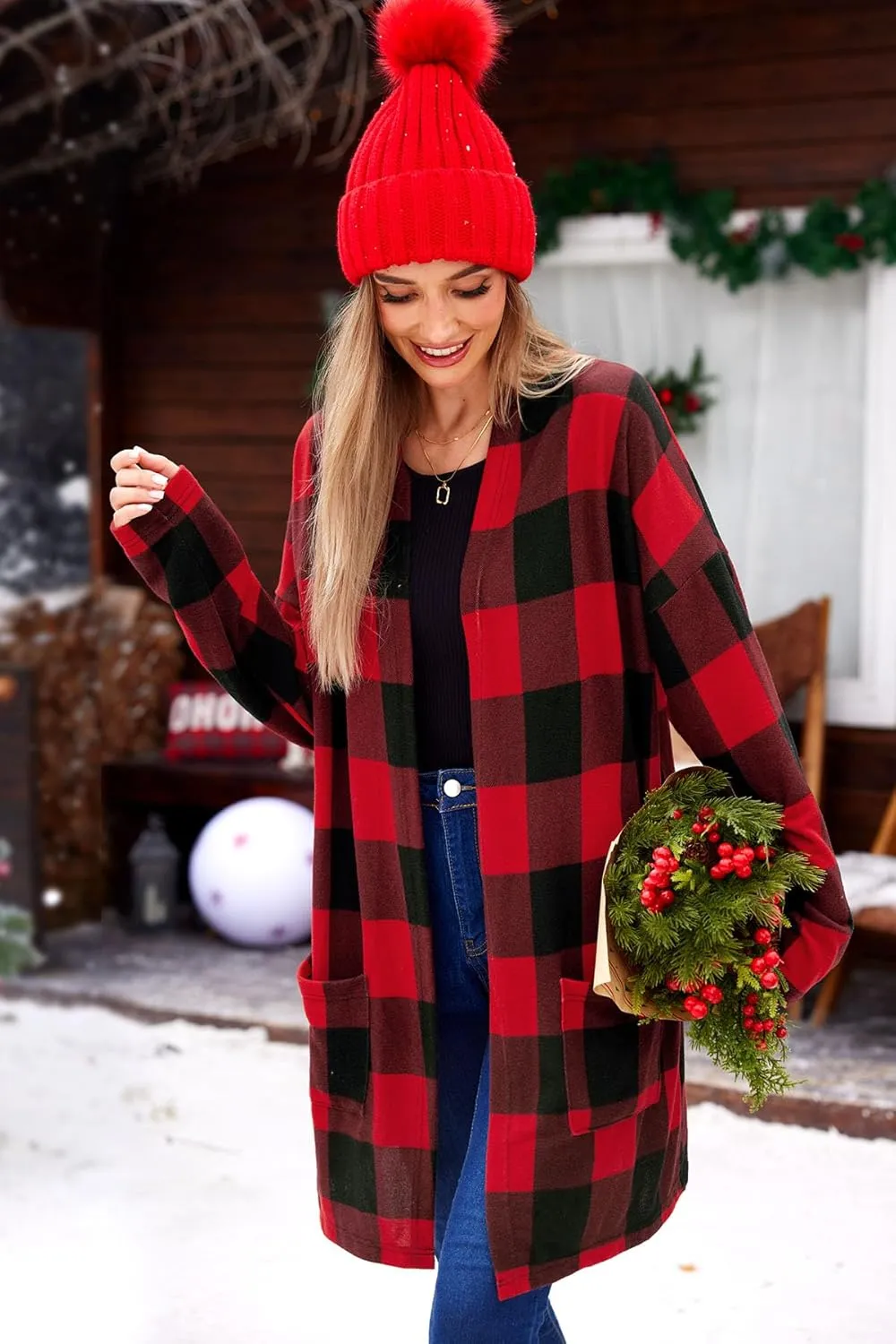 For G and PL Women's Christmas Red Buffalo Plaid Open Front Sweater Cardigan with Pockets