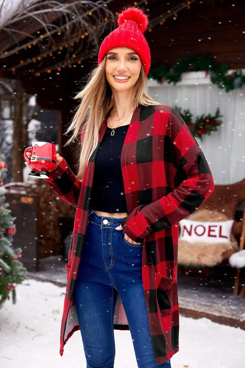 For G and PL Women's Christmas Red Buffalo Plaid Open Front Sweater Cardigan with Pockets