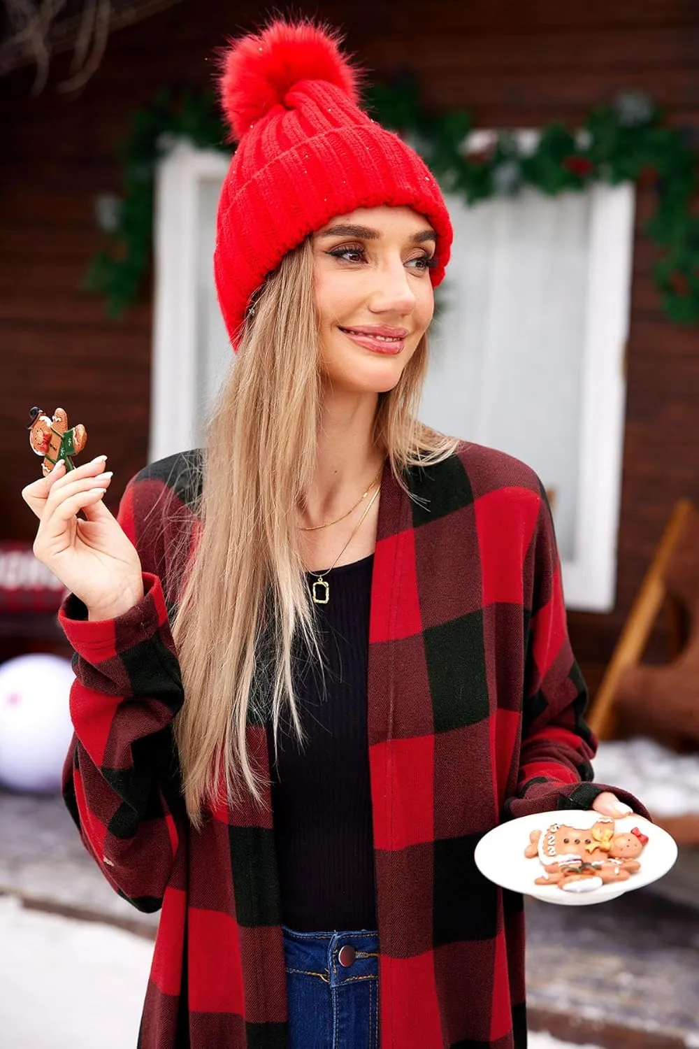For G and PL Women's Christmas Red Buffalo Plaid Open Front Sweater Cardigan with Pockets