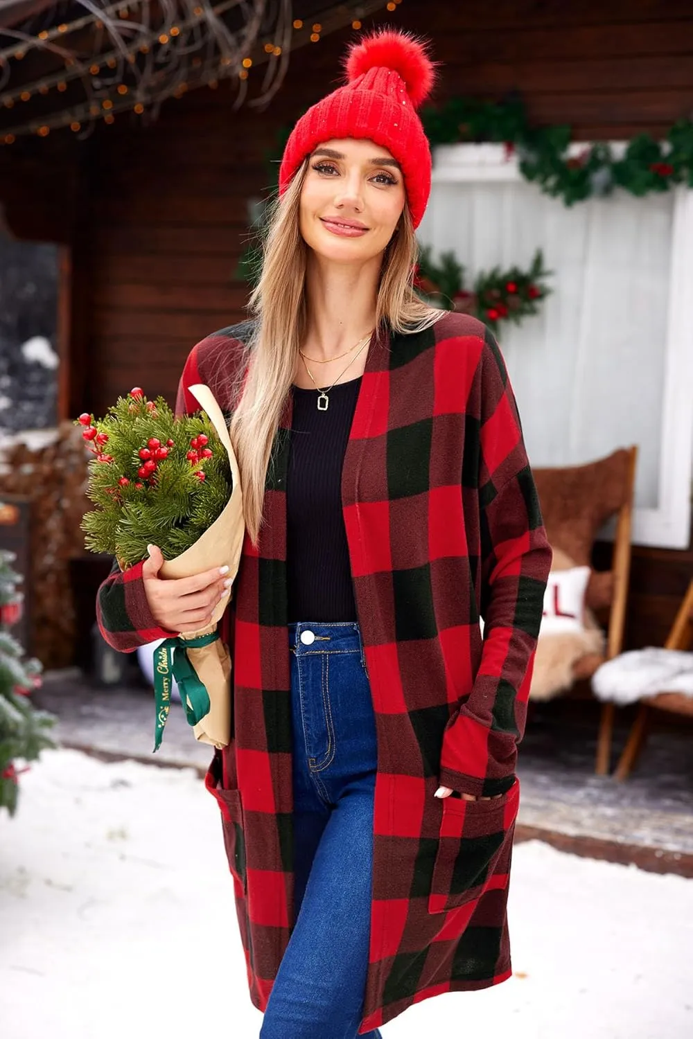 For G and PL Women's Christmas Red Buffalo Plaid Open Front Sweater Cardigan with Pockets