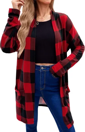 For G and PL Women's Christmas Red Buffalo Plaid Open Front Sweater Cardigan with Pockets