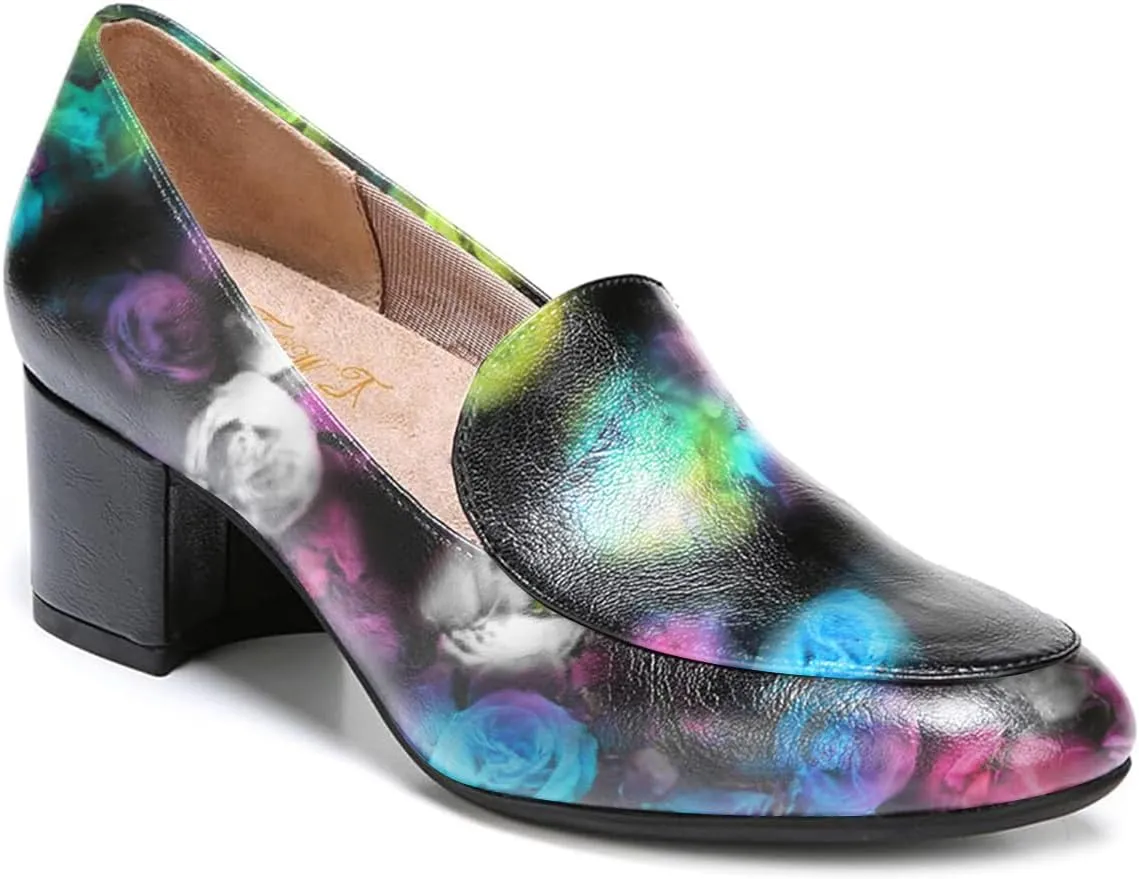 FOWT Women's Classic Black or Two Toned Side V Cut Loafers Ladies Round Toe Mid Chunky Heel Pumps Simple Style Slip On Unisex Shoes for Work Office School 4-16 US Size