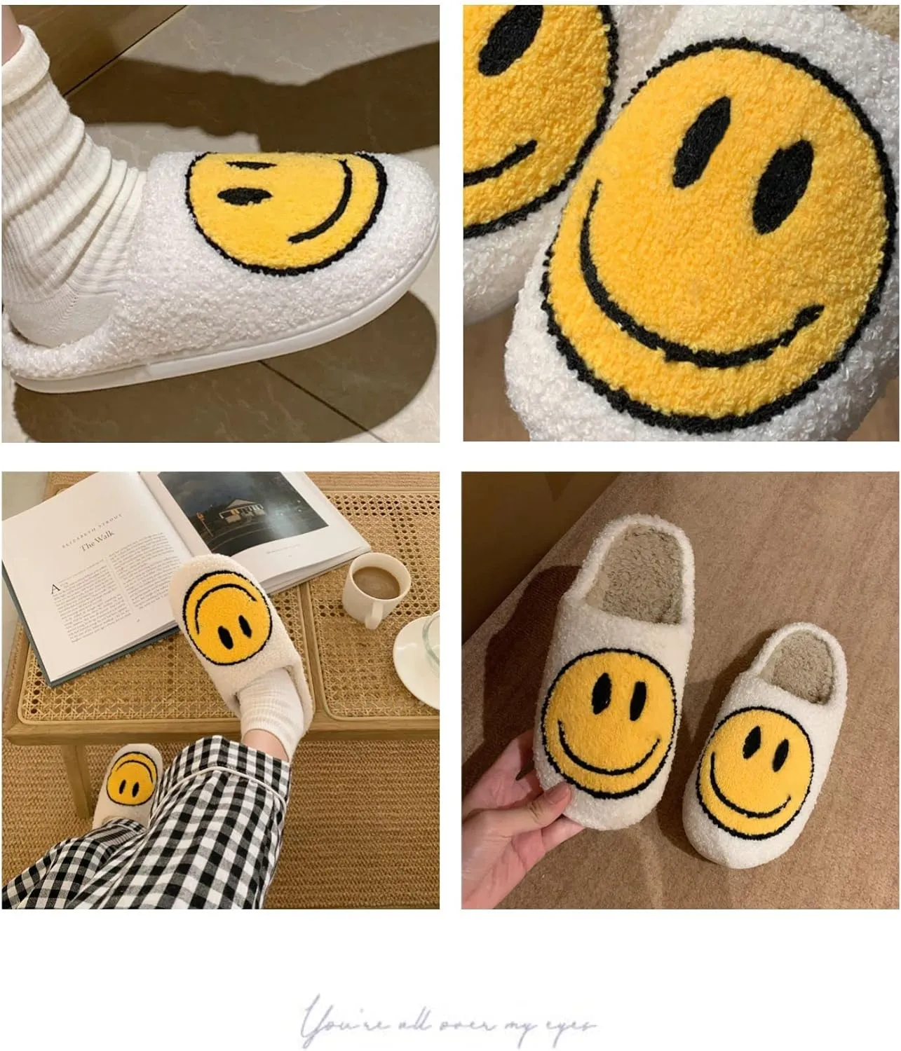 FUUPNN Smile Face Slippers for Girls & Boys, Retro Cute Soft Plush Indoor/Outdoor Shoes, Fuzzy House Lightweight Slippers with Memory Foam Warmth, Non-Slip, White, Unisex-Kids, Children