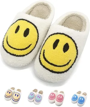 FUUPNN Smile Face Slippers for Girls & Boys, Retro Cute Soft Plush Indoor/Outdoor Shoes, Fuzzy House Lightweight Slippers with Memory Foam Warmth, Non-Slip, White, Unisex-Kids, Children