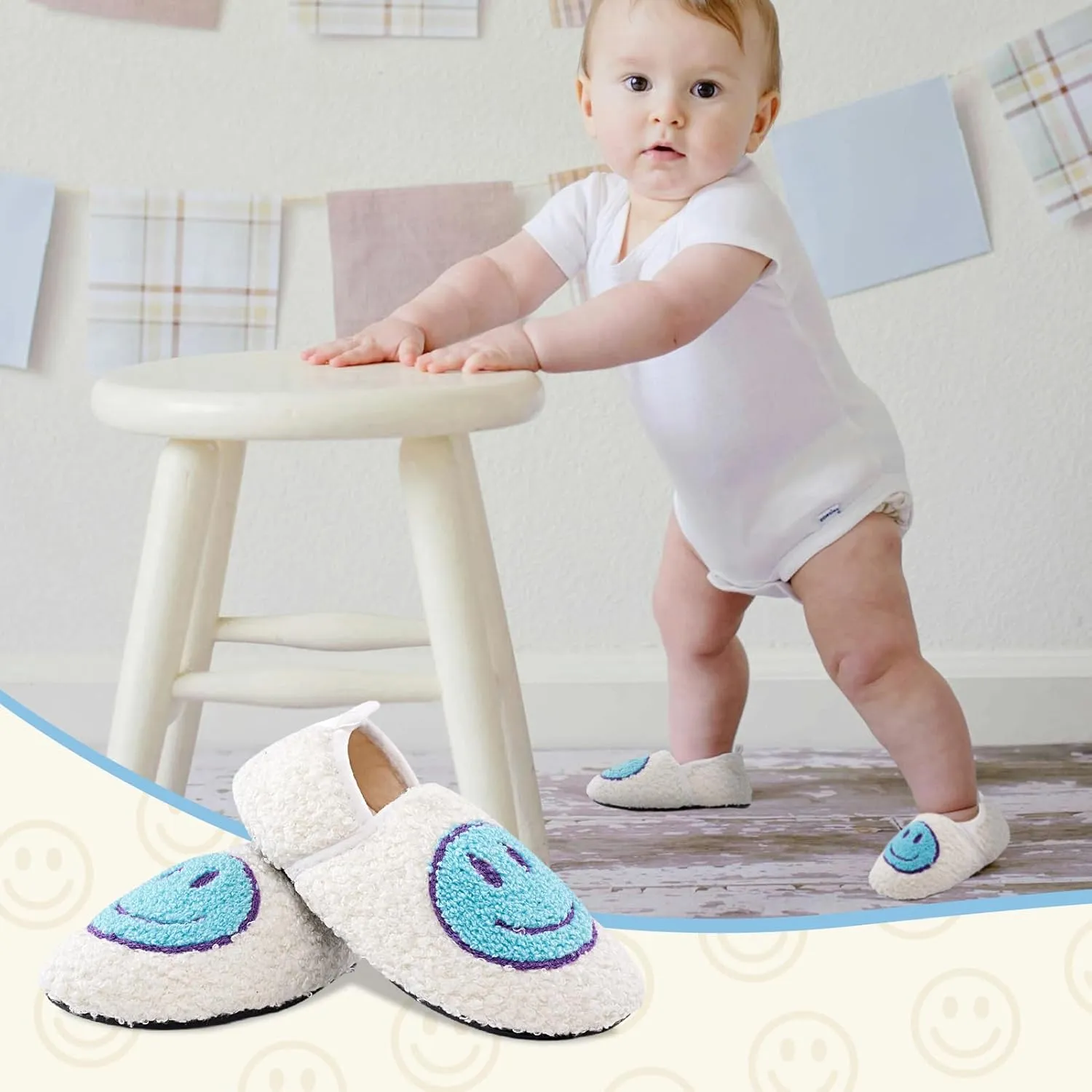 FUUPNN Smile Face Slippers for Toddler Boys Girls,Retro Cute Soft Plush Fuzzy House Slippers Non-slip Slippers with Memory Foam Warmth Happy face Slippers Warm Cozy Socks Smile Slippers for Winter