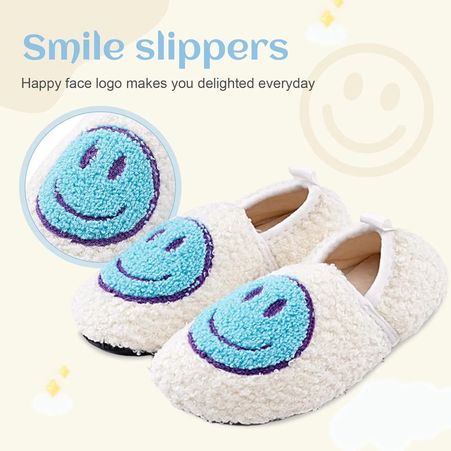 FUUPNN Smile Face Slippers for Toddler Boys Girls,Retro Cute Soft Plush Fuzzy House Slippers Non-slip Slippers with Memory Foam Warmth Happy face Slippers Warm Cozy Socks Smile Slippers for Winter