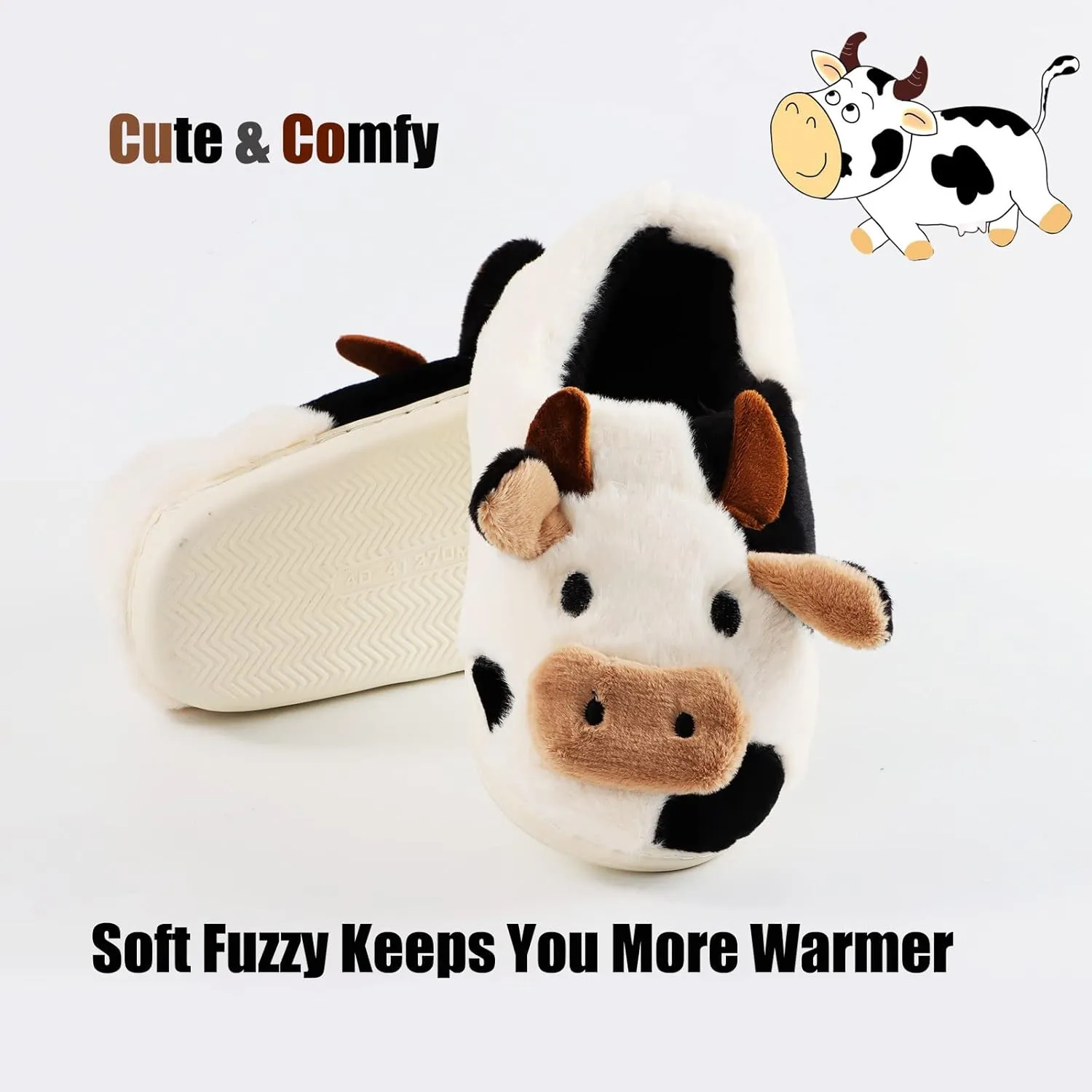 Fuzzy Cow Slippers for Women Men, Cute Cotton Animals House Shoes Fluffy Plush Slippers for Girls Indoor Living Room Bedroom
