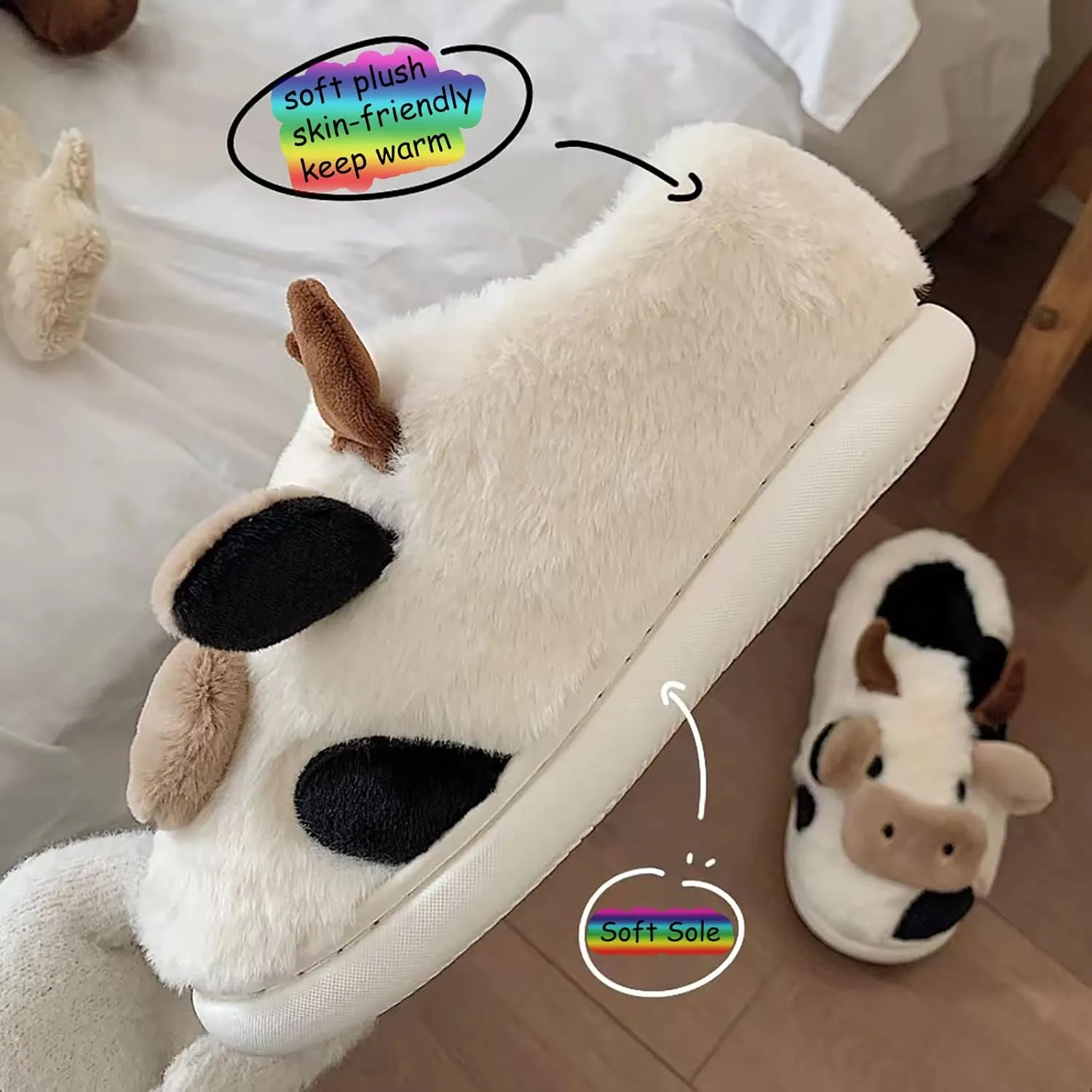 Fuzzy Cow Slippers for Women Men, Cute Cotton Animals House Shoes Fluffy Plush Slippers for Girls Indoor Living Room Bedroom
